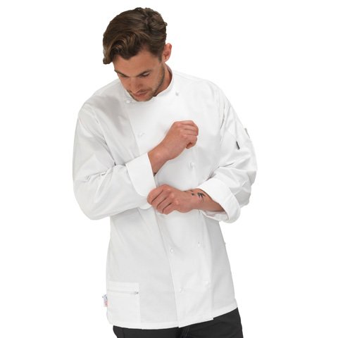 Le Chef Long Sleeve Chef Uniform W/White Removable Studs, White, Staycool, L