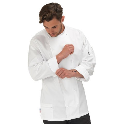 Le Chef Long Sleeve Chef Uniform W/White Removable Studs, White, Staycool, M