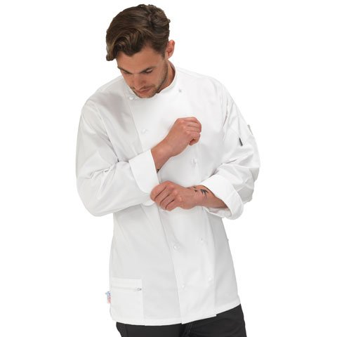 Le Chef Long Sleeve Chef Uniform W/White Removable Studs, White, Staycool, S