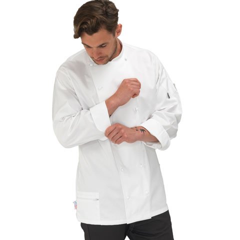 Le Chef Long Sleeve Chef Uniform W/White Removable Studs, White, Staycool, XS